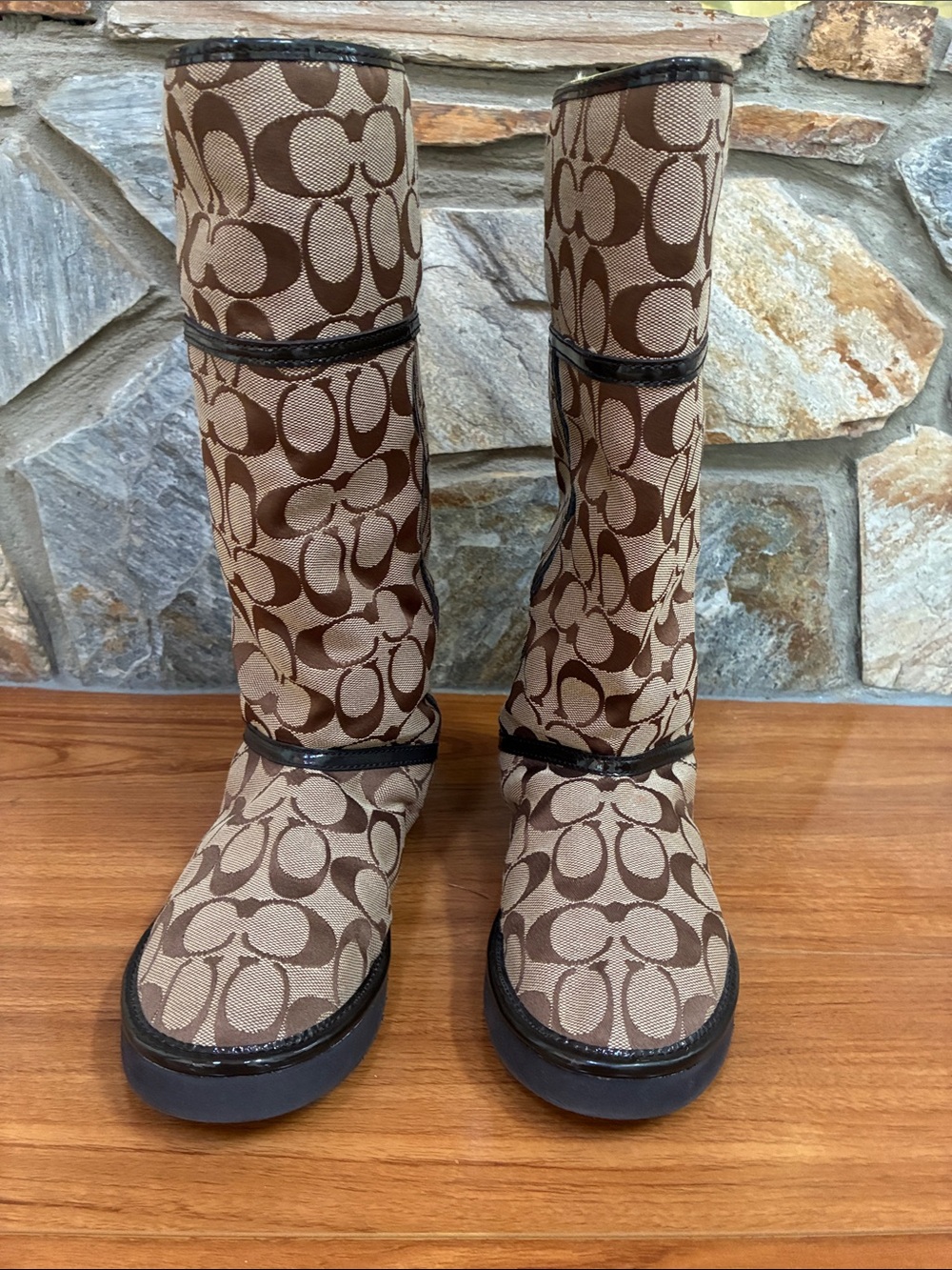 Coach Monogram Canvas Mid-Calf Boots in Brown and Tan